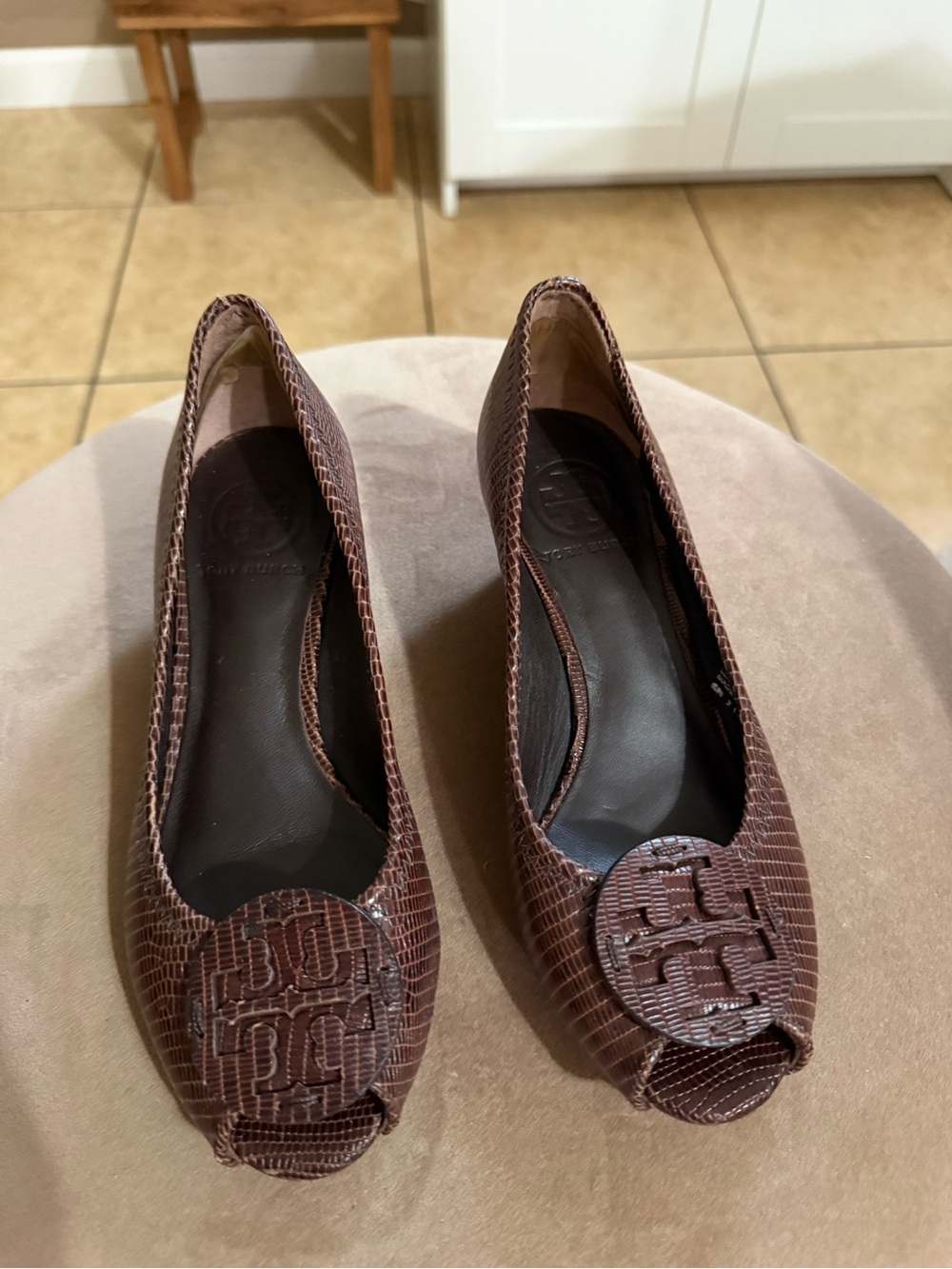 Tory Burch Brown Women's Peep-Toe Ballet Flats